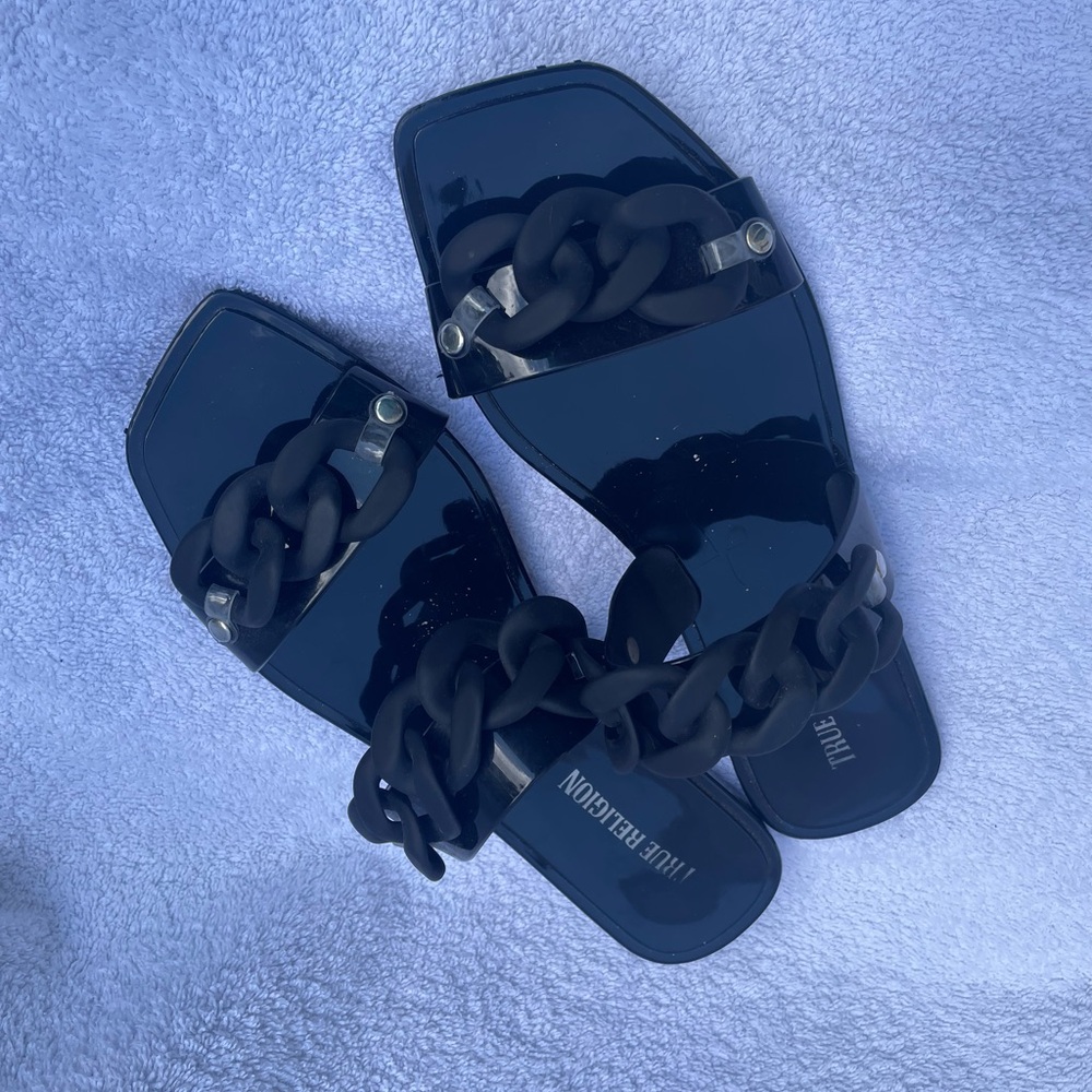True Religion Glossy Black Chain Slides